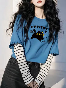 Áo Thun Dài Tay Kẻ Sọc Mùa Thu Mới Dáng Rộng Cổ Tròn in Họa Tiết Thường Ngày Thoải Mái Thoáng Khí Thoải Mái Cho Nữ