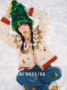 Soft Christmas Atmosphere Knitted Cardigan Womens Autumn Winter Fair Isle Sweater Coat Sweet Loose Fit Long Sleeve round Neck