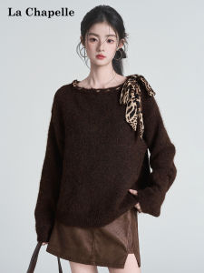 La Chapelle | Retro Leopard Print Bow Tie Loose Knit Sweater