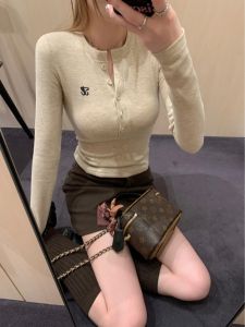 Stylish Niche Style Button Half-Open Collar Embroider Bottoming Shirt for Women Spring and Autumn Sweet and Spicy Silm Long Sleeve Underwear Top Tide