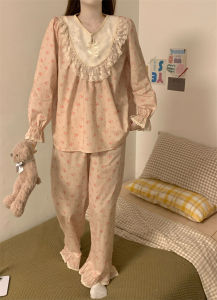 ชุดนอนผู้หญิงแขนยาวฤดูใบไม้ร่วง กางเกงขายาว เสื้อคลุมเปิดหน้าด้านบน ขอบลูกไม้ สีดำ 2025 ชุดอยู่บ้านใหม่