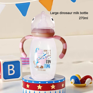 150มล./270มล. ขวดนม/ถ้วยน้ำขวดนมรูปร่างไดโนเสาร์การ์ตูนน่ารักเส้นผ่าศูนย์กลางใหญ่พร้อมฝาและที่จับขวดนม150มล./270มล. ขวดนม0-36เดือน