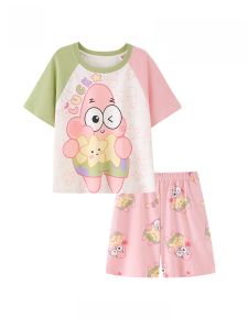 miiow | Cat Girl 2025 New Summer Cartoon Pure Cotton Short Sleeve Set Girls Home Clothes Comfortable Breathable Round Neck Pajamas
