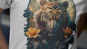 เสื้อยืดสีขาวแขนสั้น ผ้า Polyester 65% Cotton 35% รูปแบบ KING OF FOREST ด้วยราคาเสริมสวย