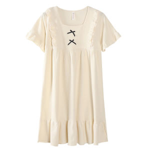 MiiOW | Pure Cotton Womens Sleepwear Summer Sweet Style Home Clothes Short Sleeve Strap Design Princess Style Butterfly Knot Dress