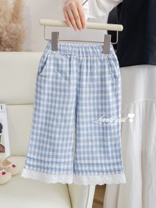 Autumn Check Plaid Lace Trim Girls Trousers