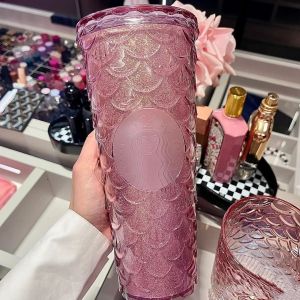 Starbuck Cửa Hàng Hàng Đầu Starbuck Cốc Nhựa Hình Vương Miện Ngày Lễ Tình Nhân Starbuck Trung Quốc Cốc Ống Hút Vảy Cá Cốc Nước Màu Hồng Phong Cách Instagram Thay Đổi Dần Dần Trái Tim Cô Gái