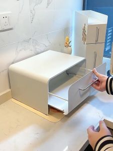 ODOROKU Minimalist Sliding Storage Pull Out Drawer Organizer Countertop Coffee Machine Metal Storage Rack Drawer Cups Organizer Desk Cup Storage Kitchen Appliances Cabinet Drawer Tea Set Organizer with Handle White