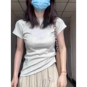 Pure Cotton White Grey Shoulder T-Shirt Women Summer Short Sleeve Slim Fit Sweet Cool Spicy Thin Desirable Style Top