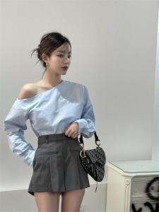 Korean Style Casual Long Sleeve Asymmetrical Loose Shirt Shoulder Bared Side Collar Design Commute Fashion Ladies Top