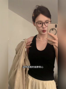 Sweet Style Black Hanging Neck Vest Womens Inner Wear Strapless Tank Top with Chest Pad Workwear Short Sleeve Summer Top