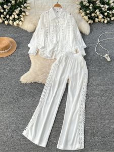 Bộ Đồ Hai Mảnh Phong Cách Cung Đình Cho Nữ Mùa Xuân Mới Phong Cách Hàn Quốc Ren Khoét Lỗ Móc Hoa Ren Ghép Nối Quần Dài Ống Rộng Cạp Cao