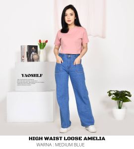 YAOSHI - Celana jeans wanita high waist loose korean style