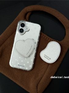 Korean Style Electroplated Polka Dot Heart Phone Stand Full Cover for  17Promax 16New 15Pro Girl Heart 14HighEnd 13Creative AntiFall Ins Phone Case