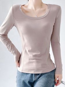 MiiOW | Áo sơ mi cổ tròn dáng ôm cho nữ mùa thu đông dài tay thường ngày màu trơn chất liệu polyester và polyurethane