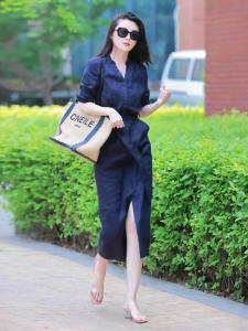 Elegant Casual Linen Dress Womens Loose Midi Length Belly Covering Pure Color Skirt V-neck Five-quarter Sleeve H-type Dress