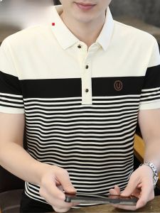 HENGYUANXIANG | High-End Polo Shirt For Men Ice Silk Short Sleeve T-Shirt Black White Stripes Turn-down Collar Top Fashionable Urban Style