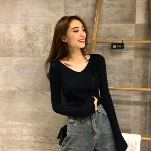 HUOLISI | New Fashionable Slim Fit V-Neck Long Sleeve Black Knitted Top