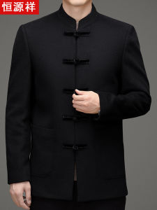 Double-Sided Woolen Coat for Men Stand Collar Button Style Tunic Suit Autumn Winter Dad Clothes Sheep Wool Outerwear
