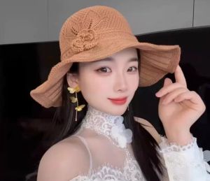 Summer New Straw Hat Womens Lace Bow Large Eaves Sunshade Fishermans Hat Basin Hat Beach Sunscreen Hat Simple