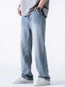 Spring Summer Mens Jeans Straight Denim Pants Elastic Waist Cotton Streetwear Male Wide Baggy Casual Blue Trousers