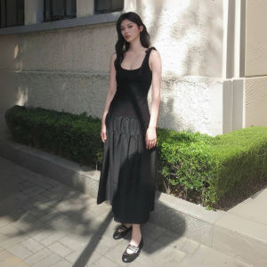 ชุดเดรสยาวผูกโบว์เอวสูงสไตล์เจ้าหญิงหรูหรา เดรสยาวคลุมเข่าแขนกุด ชุดทำงานฤดูใบไม้ร่วงสำหรับสาวๆ