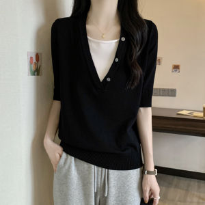 Plus Size Womens Summer Fake Two-Piece V Neck Knitting Ice Silk Shoulder Short Sleeve T-shirt Plus Size Ladies Slim Looking Belly Covering Top Half Sleeve