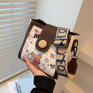 Fashionable Bucket Bag Womens Crossbody Bag Wide Strap Cartoon Design Popular Small Size Bag Soft PU Leather Magnetic Buckle