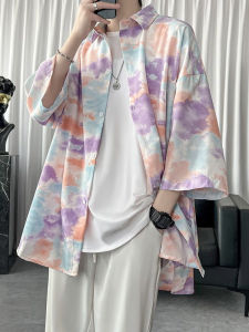 เสื้อเชิ้ตคอปกสั้นผ้าไหมน้ำแข็งลายผูกโบว์ ทรงหลวม แขนสั้น ทรงหลวม สำหรับผู้ชายและผู้หญิง ฤดูร้อน 2024 ระบายอากาศได้ดี น้ำหนักเบา แขนยาว 7 ฟุต