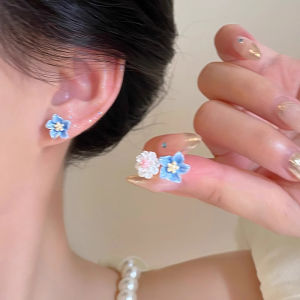 Blue Camellia Earrings 925 Silver Needle Chic Small Size Elegant Retro Fashionable Versatile Ear Jewelry