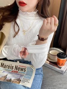 High-End Womens Half Turtleneck Autumn and Winter New Arrival Wooden Ear Thickened Fleece-lined Warm Bottoming Pure Color Lace Undershirt