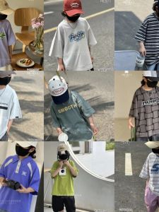 Casual Loose Short Sleeve Childrens Clothing Brand Boys Summer Workwear Shorts Trendy Breathable Cotton Polyester Blend round Neck Print