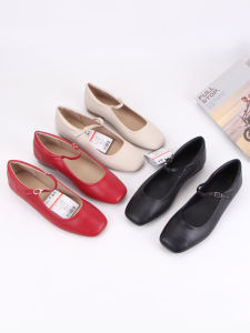 Retro Style Pure Color Square Head Mary Jane Flat Shoes Buckle Strap Slip-On Casual Footwear for Young Women under 40