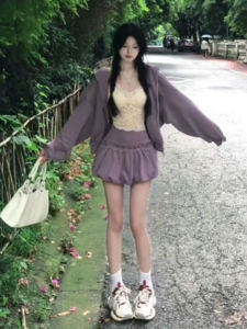 Purple Grey Hooded Jacket And Mini Skirt Two-Piece Set Comfortable Korean Style Womens Fashion Outfit for Autumn And Winter