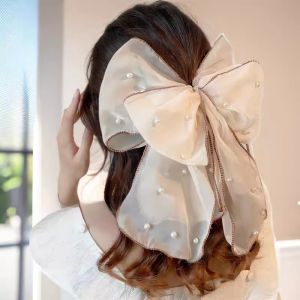 กิ๊ฟหนีบผมผ้าชิฟฟ่อนสำหรับผู้หญิงโบว์กิ๊บรูปโบว์หวานหรูหราอุปกรณ์ตกแต่งมือถือสำหรับผู้หญิงผ้าชีฟองคลิปหนีบผมหางม้า