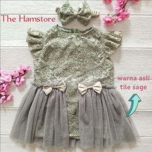 Dress Gaun Pesta Kondangan Anak Bayi 1 Tahun Brukat Tile Sage Green Free Bando Jahitan Tailor
