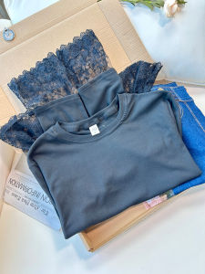QINGNAER | Round Neck Lace Hem Long Sleeve Loose T-Shirt