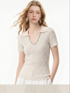 Slim Fit Striped Texture V-neck Polo Knit Shirt