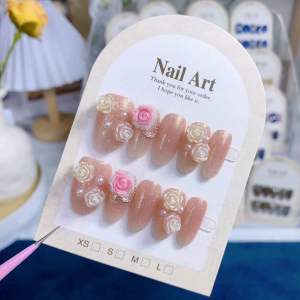 Handmade Gradient Pink 3D Tea Rose Nail Tips Shiny Gold Star River New Short Wearable False Nails Gentle Color Series China Made