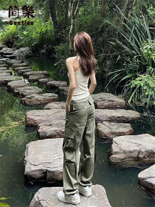 American Military Green High Waist Wide Leg Work Pants Women Summer Thin Loose Outdoor Quick Dry Drawstring Casual Trousers