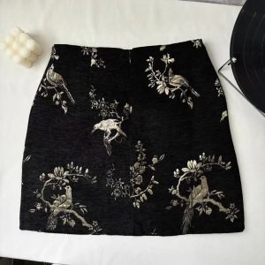 Chinese Style Black Boho Mini Skirt For Women 2024 Beige Print High Waist New Summer Wrapped Hip A-line Short Jacquard Skirt Y2k