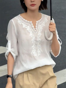 QINGNAER | Summer Large Size Elegant Sweet White V-Neck Embroidered Shirt