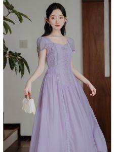 Elegant French Style Embroidered Long Dress Tea Break Light Wind A-Line Skirt Summer Season High Waist Short Sleeve Maxi Dress