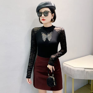 REHIN European Style Autumn/Winter New Long Sleeve T-Shirt Round Neck Hollow Lace Rhinestone Slim Fit Womens Top