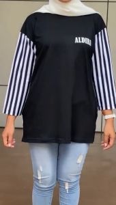 ELQIA - Kaos Oversize Combi Stripe Vertikal Lengan 7/8 Atasan Wanita Cotton