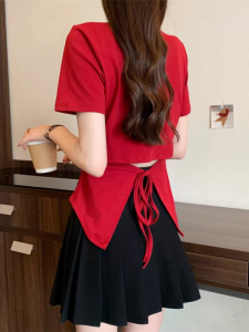 Stylish Back Hollow out Tied Waist-Controlled Top Womens Summer Plus Size Plus Size Ladies Asymmetrical Belly Covering Short Sleeve T-Shirt