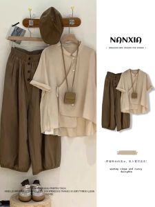 NANXIA Summer 2025 Lazy Style Womens Fashion Set Casual Style Short Sleeve Top And Dad Pants Seven Length Pants