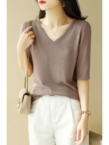 เสื้อสเวตเตอร์คอวีแขนยาวปานกลางสำหรับผู้หญิง ทรงสลิมฟิต ผ้าฝ้ายผสมนุ่ม สไตล์ทำงาน เสื้อชั้นในสีดำ ทรงหลวม