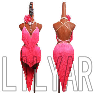 New Professional Latin Dance Performance Competition Costume Adult Womens Flash Diamond Pink Tassel Backless Sleeveless Skirt