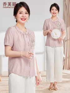 ใหม่ 2024 ผ้าฝ้าย ผ้าลินิน ชุดสองชิ้นสําหรับคุณแม่สไตล์จีนแบบดั้งเดิม ฤดูร้อน สวมแขนสั้น ทันสมัย เสื้อเชิ้ตสําหรับ วัยกลางคนและผู้สูงอายุ ผู้หญิง